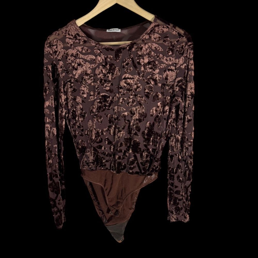 Cosabella Vintage Brown Burnout Velvet Long Sleeve Bodysuit Sz M‎